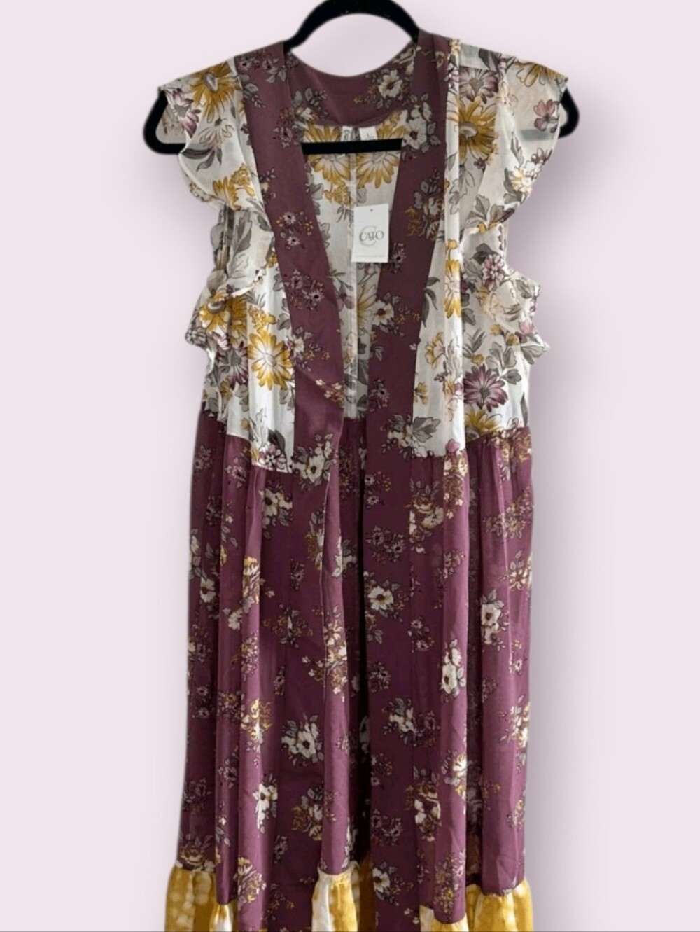 Cato’s Women’s Pink Yellow Floral Open Front Cardigan Duster Ruffle Sz XL - Picture 6 of 6